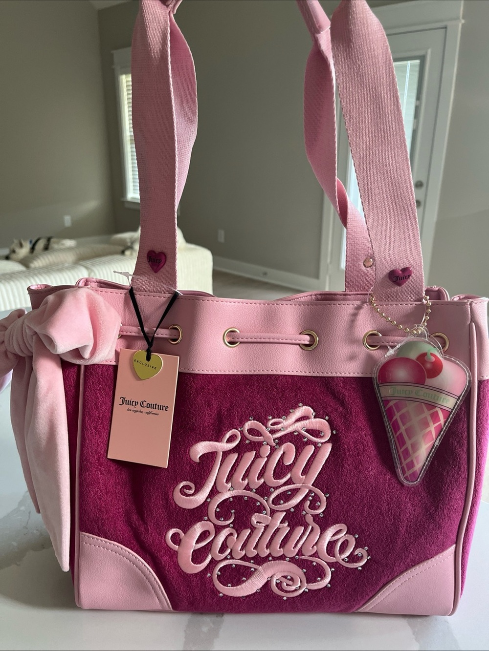 Juicy Couture Pink Two-Tone Velvet & Faux Leather Tote with Charm